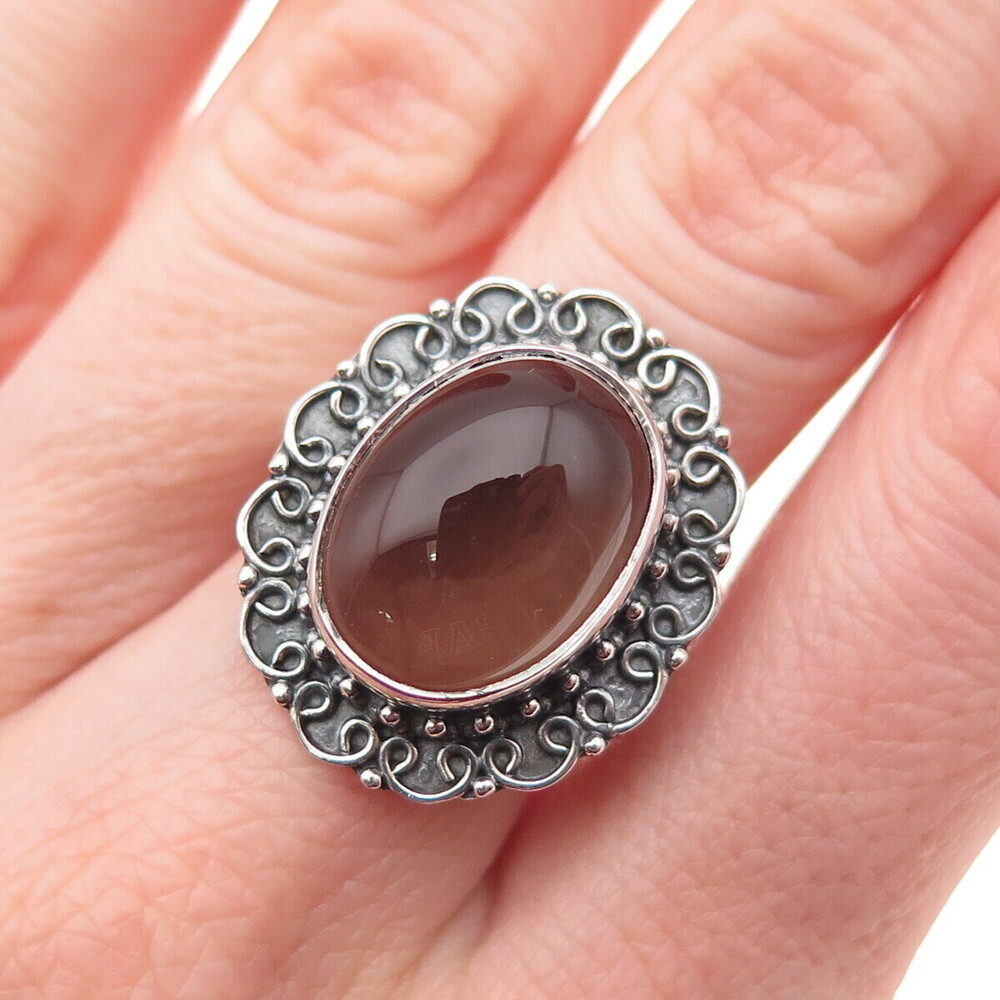 925 Sterling Silver Vintage Real Smoky Quartz Floral Oxidized Ring Size 9